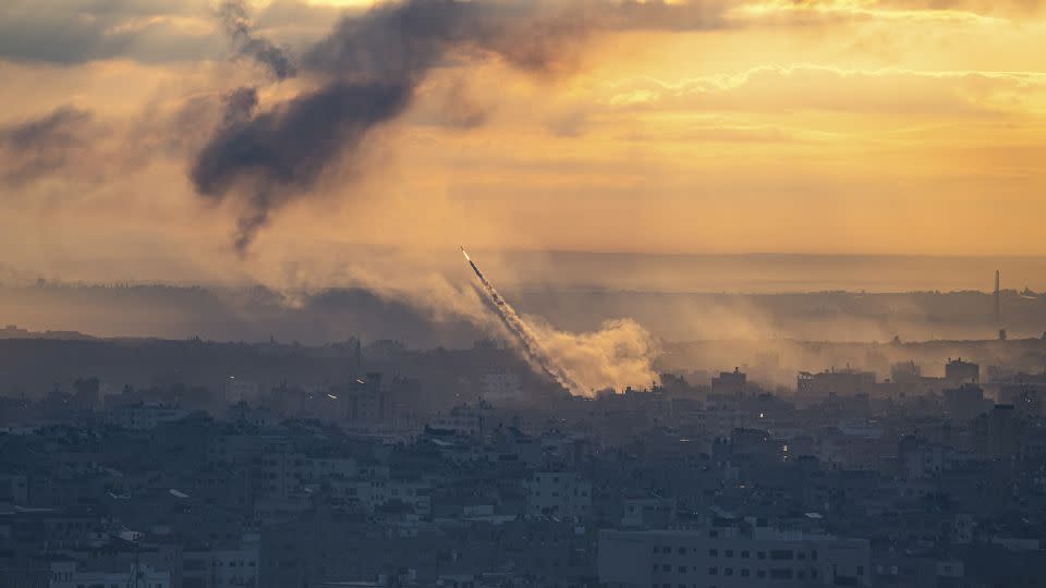 Rockets are fired toward Israel from the Gaza Strip, Saturday, Oct. 7, 2023. The rockets were fired as Hamas announced a new operation against Israel. - Fatima Shbair/AP
