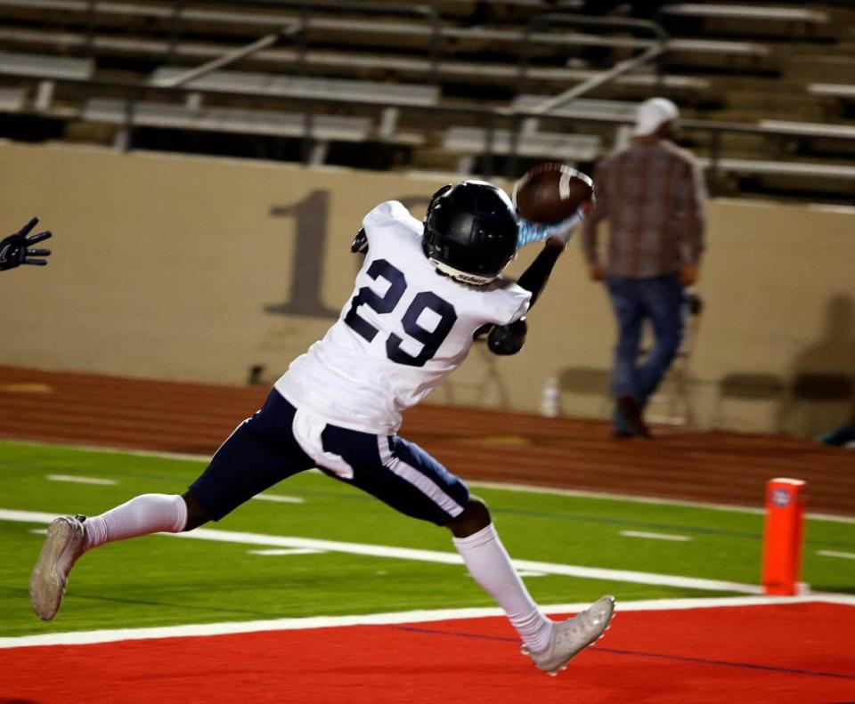 Wyatt wide receiver Marcus Drake (29) intercepts a pass late in the end zone to halt a North Side comeback in the second half of a UIL football game at Farrington Field in Fort Worth, Texas, Friday, Oct. 06, 2023. Wyatt handed North Side a 19-7 defeat on their home coming night. (Special to the Star-Telegram Bob Booth)