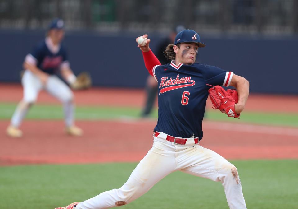 Ketcham pitcher Owen Paino (6) delivers a pitch during the Class AA regional semifinal baseball game against Horseheads at Dutchess Stadium in Wappingers Falls, on Thursday, June 2, 2022.