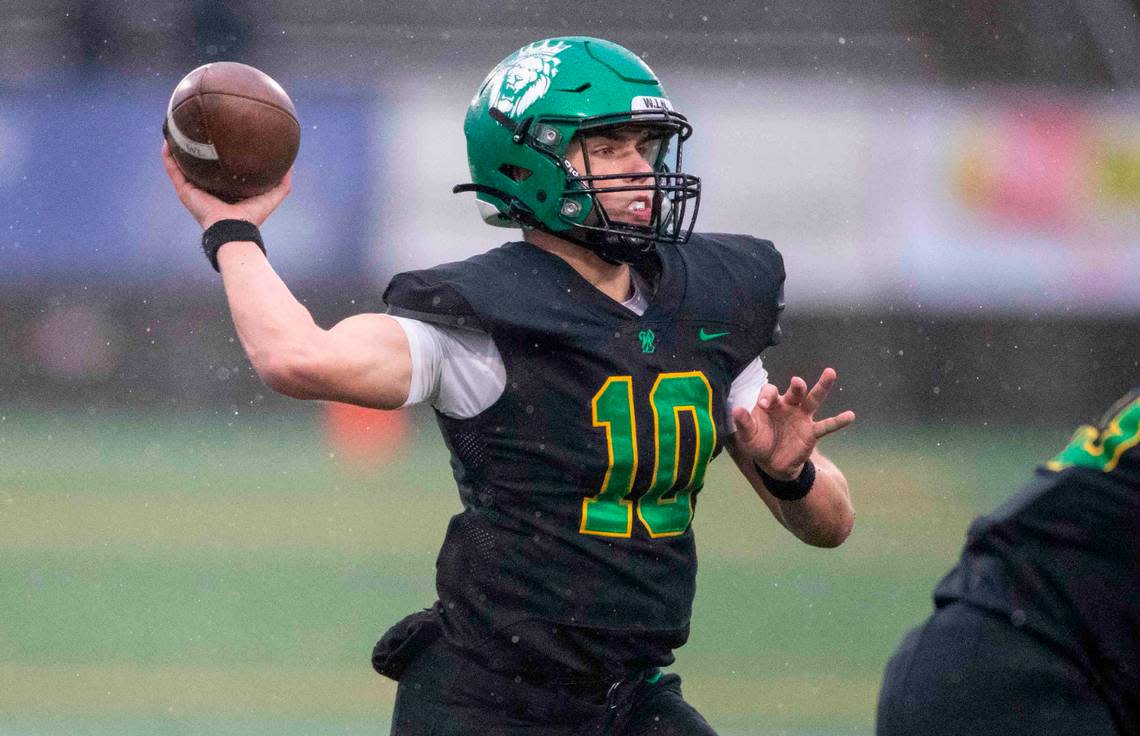 West Linn quarterback Sam Leavitt (10) looks to pass in the Class 6A state championship game against Sheldon on Friday, Nov. 25, 2022 at Hillsboro Stadium in Hillsboro, Ore.