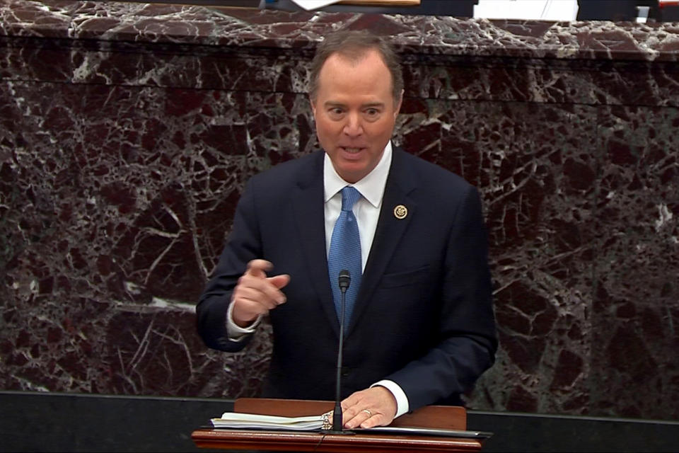 House Intelligence Committee Chairman Adam Schiff (D-Calif.), one of the House managers at the Senate trial on impeachment articles against President Donald Trump, speaks Thursday during the third day of the trial at the U.S. Capitol. (Photo: Senate TV via Reuters)