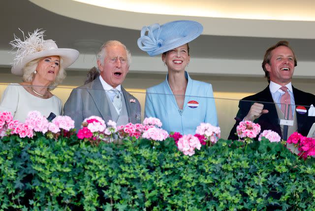 <p>Max Mumby/Indigo/Getty</p> Queen Camilla, King Charles III, Lady Gabriella Windsor and Thomas Kingston watch from the Royal Box at Ascot Racecourse on June 24, 2023 in Ascot, England.