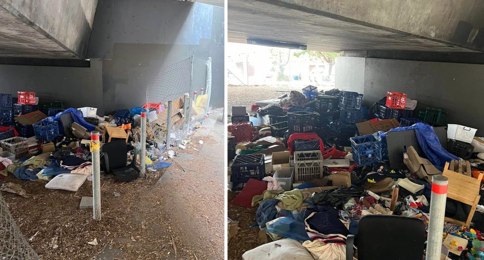 The rubbish pile in Pyrmont under the expressway. 