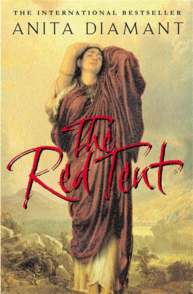 Book cover for "The Red Tent" by Anita Diamant, featuring an illustration of a person with eyes closed and head tilted back