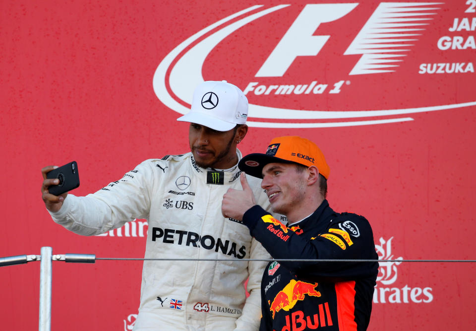 <p>Formula One F1 – Japanese Grand Prix 2017 – Suzuka Circuit, Japan – October 8, 2017. Mercedes’ Lewis Hamilton of Britain takes a selfie photo with Red Bull’s Max Verstappen of the Netherlands after the race. REUTERS/Toru Hanai</p>