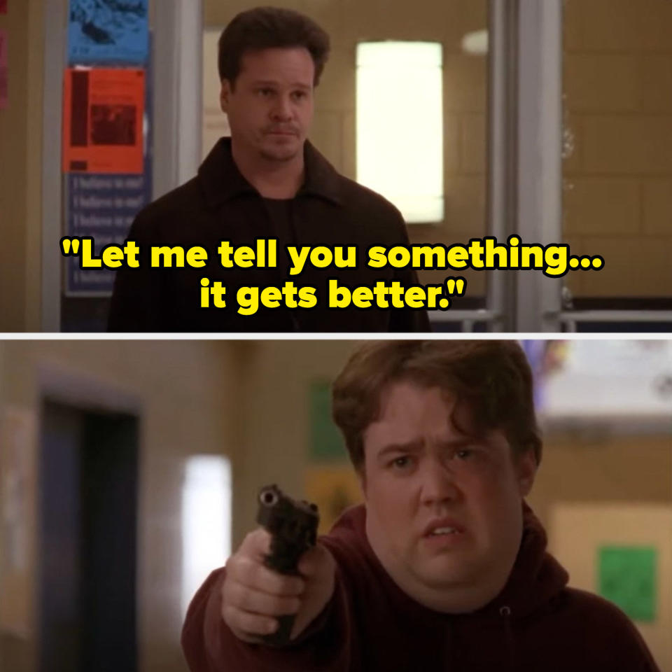 a man tries to calm a school shooter