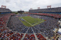 FILE - The Tennessee Titans play the Houston Texans in Nissan Stadium during an NFL football game Sunday, Sept. 16, 2018, in Nashville, Tenn. There are 23 venues bidding to host soccer matches at the 2026 World Cup in the United States, Mexico and Canada. (AP Photo/James Kenney, File)