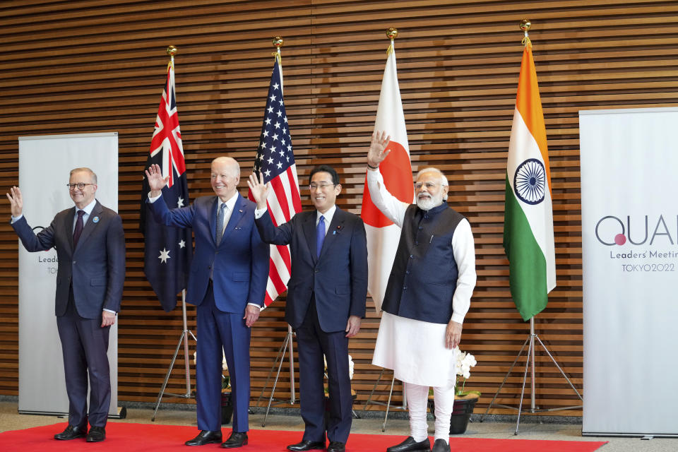 FILE- Leaders of Quadrilateral Security Dialogue (Quad) from left, Australian Prime Minister Anthony Albanese, U.S. President Joe Biden, Japanese Prime Minister Fumio Kishida, and Indian Prime Minister Narendra Modi, pose for photo at the entrance hall of the Prime Minister's Office of Japan in Tokyo, Japan, May 24, 2022. China's rise as a global power has pushed India closer to the U.S. and to the Quad, a new Indo-Pacific strategic alliance among the U.S., India, Australia and Japan that accuses Beijing of economic coercion and military maneuvering in the region upsetting the status quo. (Zhang Xiaoyu/Pool Photo via AP, File)