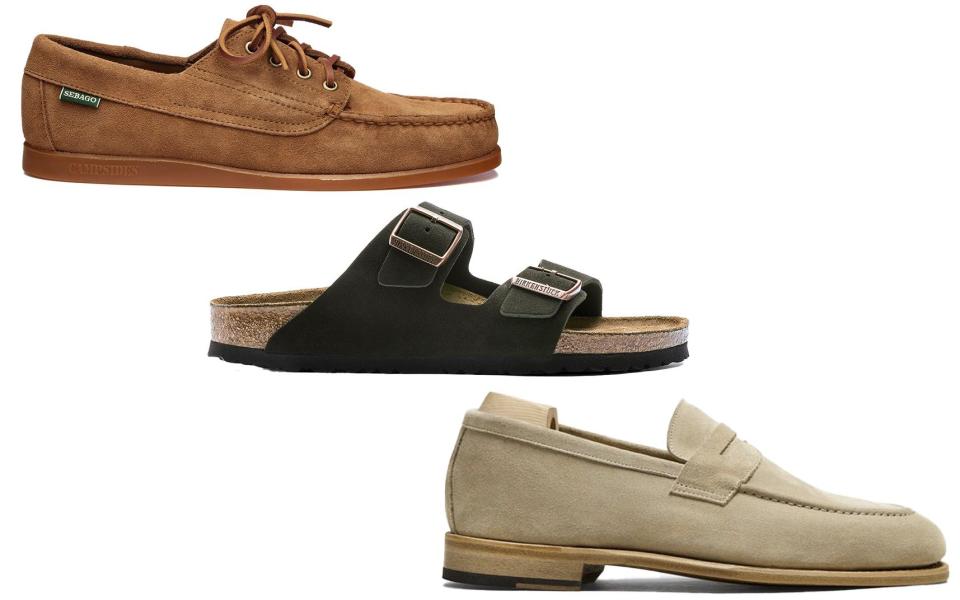 Suede boat shoes, £170, Sebago; Suede leather, £115, Birkenstock; Suede loafers, £219, Myrqvist