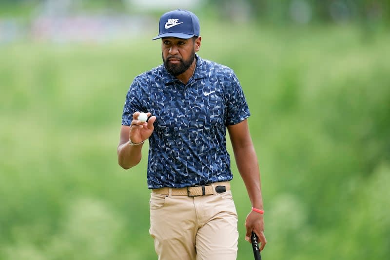 Tony Finau waves after making a putt on the second hole during the first round of the PGA Championship golf tournament at the Valhalla Golf Club, Thursday, May 16, 2024, in Louisville, Ky. | Sue Ogrocki