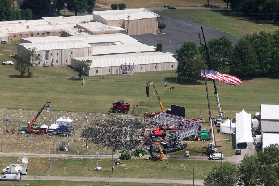 An aerial view shows the site during the law enforcement investigation into gunfire at a campaign rally of Republican presidential candidate and former US President Donald Trump.