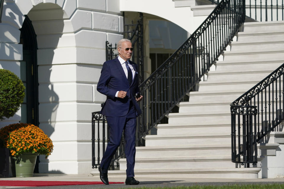 President Joe Biden arrives at an event hosted by first lady Jill Biden to honor the 2021 State and National Teachers of the Year, on the South Lawn of the White House, Monday, Oct. 18, 2021, in Washington. (AP Photo/Evan Vucci)