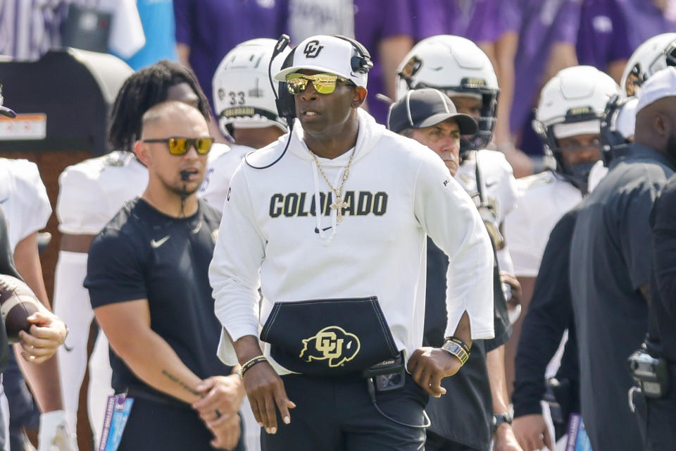 FORT WORTH, TX - SEPTEMBER 02: Colorado Buffaloes head coach Deion Sanders watches from the sidelines during the game between the TCU Horned Frogs and the Colorado Buffaloes on September 2, 2023 at Amon G. Carter Stadium in Fort Worth, Texas. (Photo by Matthew Pearce/Icon Sportswire via Getty Images)