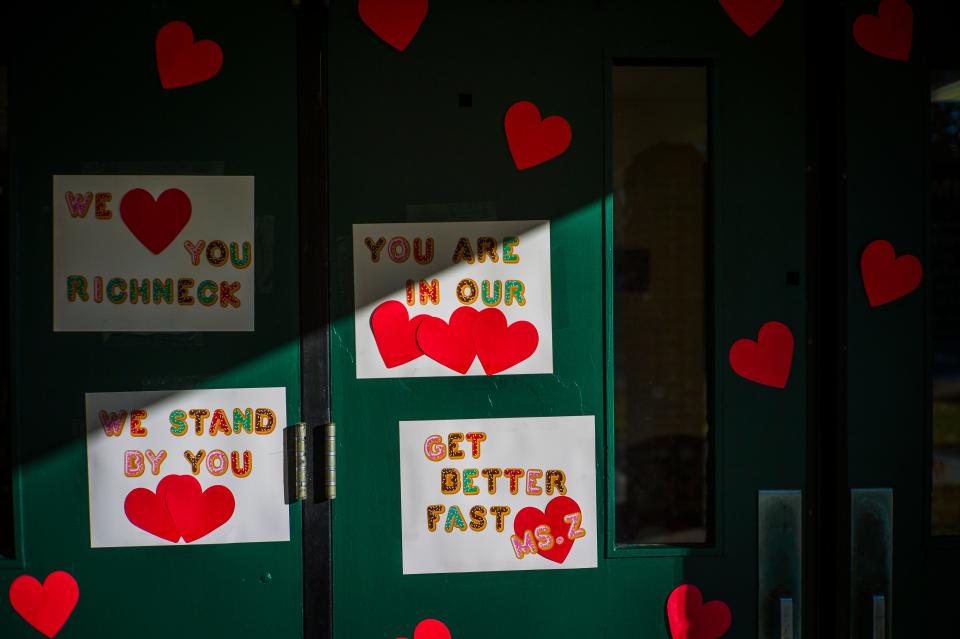 Messages of support for teacher Abby Zwerner, who was shot by a 6-year-old student, grace the front door of Richneck Elementary School Newport News, Va., on  Jan. 9, 2023.