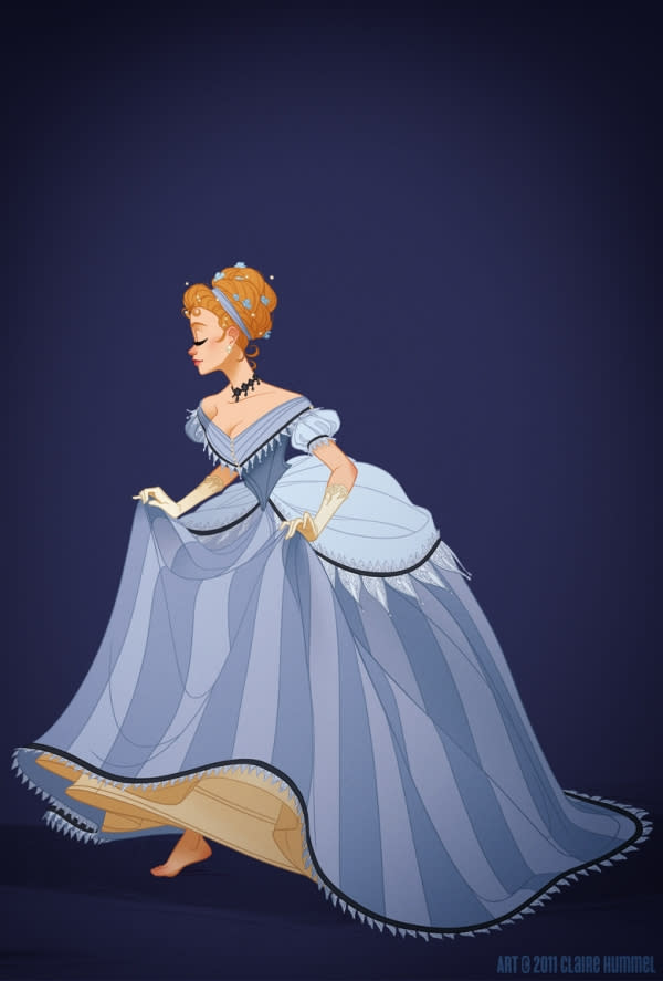 <div class="caption-credit">Photo by: Claire Hummel</div><div class="caption-title">Cinderella (Cinderella)</div><p> "I went with the mid 1860s for Cinderella's dress, the transitory period where the cage crinoline [hoop underskirt] takes on a more elliptical shape and moves towards the back," she wrote. "It's also worth noting that it was made by a fairy godmother, so it makes sense that her tastes would be a little behind the times." </p>