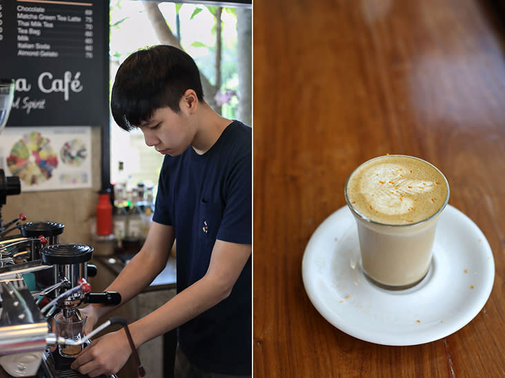 Barista pulling a shot from the Spirit espresso machine (left); hot latte with a dash of brown sugar and orange zest (right)