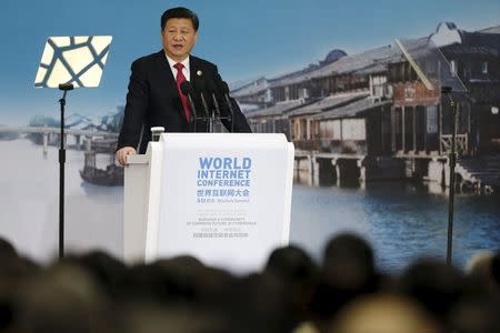 China's President Xi Jinping speaks during the opening ceremony of the 2nd annual World Internet Conference in Wuzhen town of Jiaxing, Zhejiang province, China, December 16, 2015. REUTERS/Aly Song