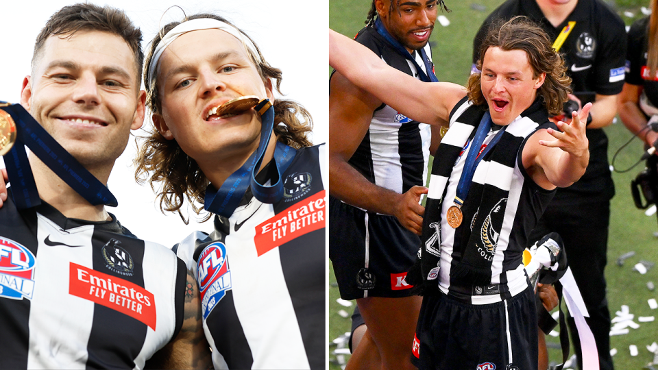 Jack Ginnivan bites his medal and Ginnivan celebrates with the fans.