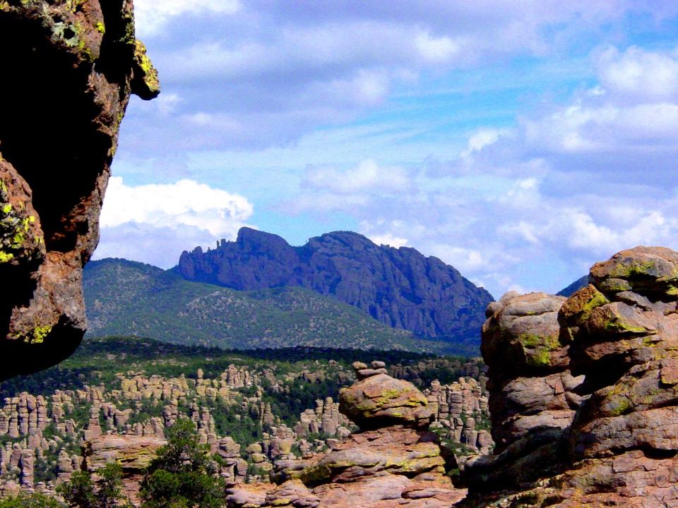 bumpy mossy rock pinnacles rise up from shurbs into the distance until a shrubby hill and then a brown rock mountain in the background against a cloudy sky