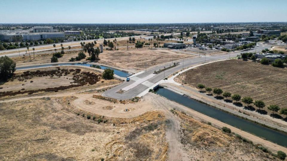 Alluvial Avenue ends at the edge of an empty field near an area being proposed as potential campus housing for Research and Technology Park in Clovis as seen from this drone image on Wednesday, Sept. 27, 2023.
