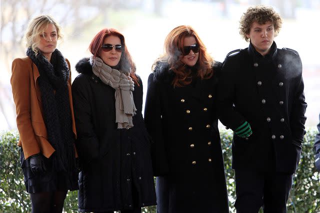 <p>Lance Murphey/EPA/Shutterstock</p> Riley Keough, Priscilla Presley, Lisa Marie Presley, and Benjamin Keough in 2010