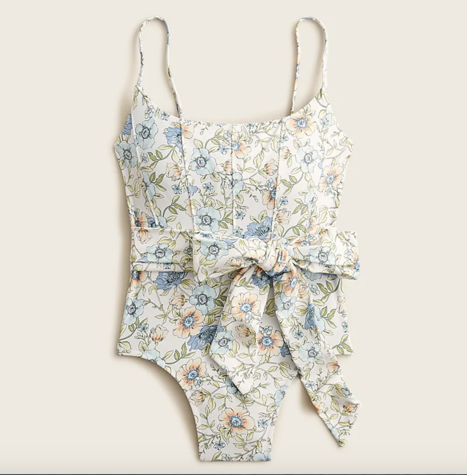 20) Topstitched Tie-Waist One-Piece in Floral Vines