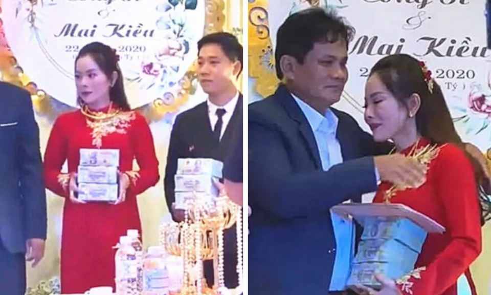 <p>一名越南新娘卻在婚禮上收到來自父母的價值300億越南盾（約新台幣3600萬）嫁妝，讓他喜極而泣直呼「我是世上最幸福的人」。（圖／翻攝自臉書影片）</p> 