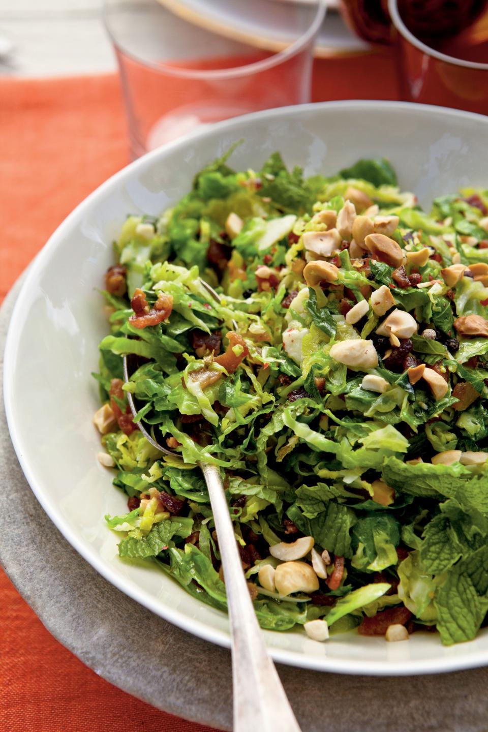 Brussels Sprouts Hash with Bacon, Hazelnuts, and Mint