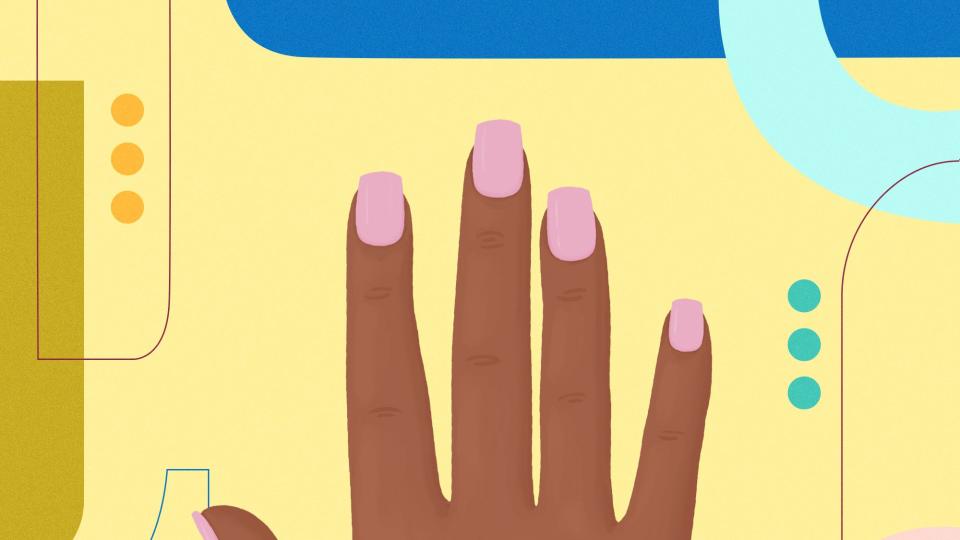 Illustration of a hand with squoval pink nails against a yellow background