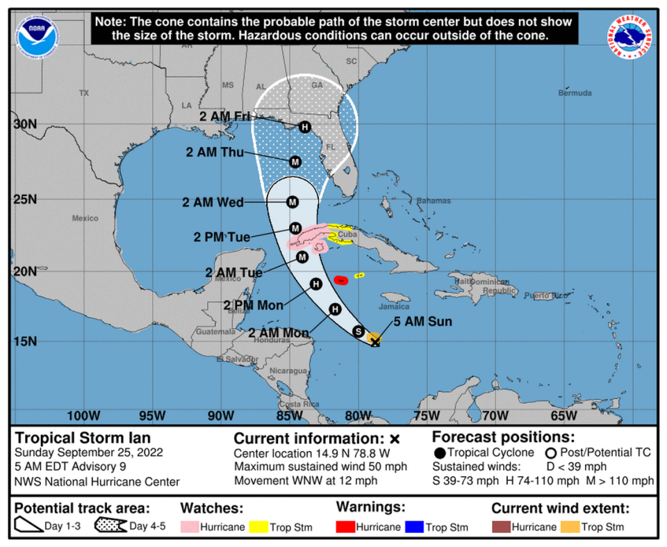 In a 5 a.m. forecast advisory on Sunday, NHC experts said Tropical Storm Ian is expected to become a hurricane at some point today, but because the eye of the storm has not fully formed, its path is unclear. However, the cone of uncertainty still includes Manatee, Sarasota and the Tampa Bay Area. National Hurricane Center