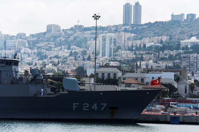 A Turkish naval frigate is seen berthed at the Haifa Port