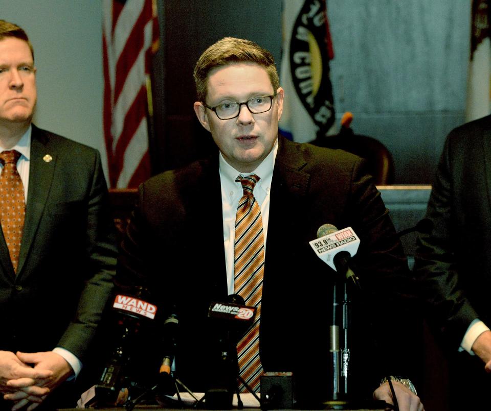 Then-Sangamon County State's Attorney Dan Wright speaks during a press conference Tuesday Jan. 10, 2023, at the Sangamon County Building at which he announces the filing of first-degree murder charges against emergency medical service worker Peggy Jill Finley and Peter Cadigan in the Earl Moore Jr. case.