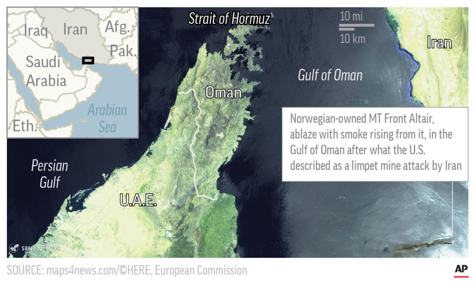 Map shows aerial satellite image of area in the Gulf of Oman, where an oil tanker was attacked; 3c x 3 inches; 146 mm x 76 mm;