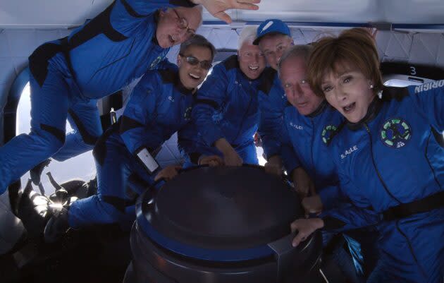 Sharon Hagle (far right) floats with her New Shepard crewmates during a suborbital space trip in March 2022. (Blue Origin Photo)