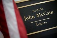 <p>The plaque on Sen. John McCain’s office in the Russell Senate Office Building on Capitol Hill in Washington on July 20, 2017. (Photo: Jim Watson/AFP/Getty Images) </p>