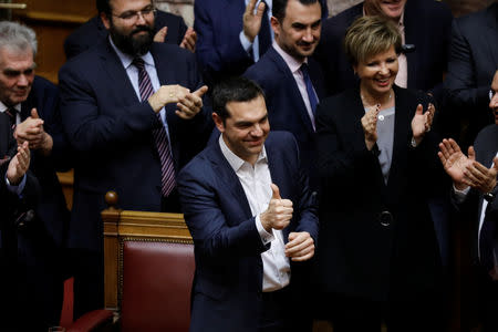 Greek Prime Minister Alexis Tsipras gives a thumbs-up after winning a confidence vote in Athens, Greece, January 16, 2019. REUTERS/Alkis Konstantinidis