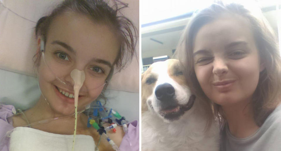 Abi in hospital (left) and the teen smirking at the camera with a dog (right). 