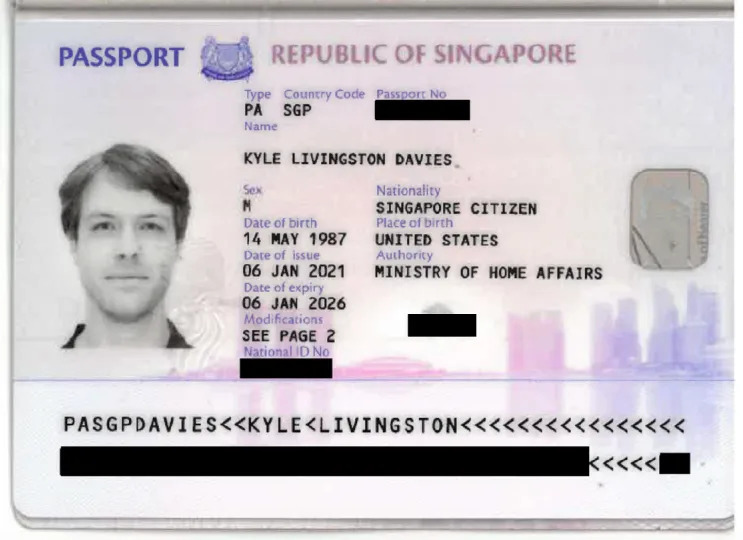 Co-founder of collapsed 3AC Kyle Davies included a copy of his Singapore passport in the court filings to bolster his argument about having renounced his U.S. citizenship.