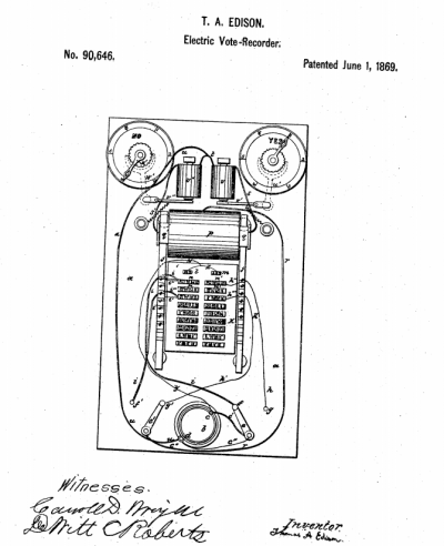 愛迪生的電子投票計數器設計圖。（圖/美國專利商標局）