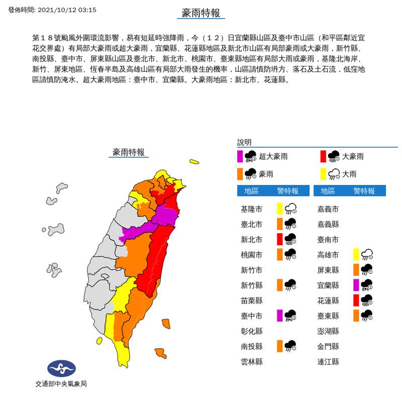 氣象局持續針對宜蘭縣發布超大豪雨特報。（圖／翻攝自中央氣象局）