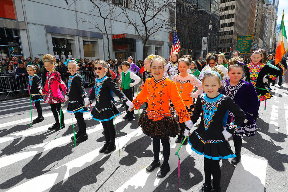 Students of the Irish Dancing Music Association wait to perform during the St. Patrick's Day Parade on March 16, 2019, in New York. (Photo: Gordon Donovan/Yahoo News)