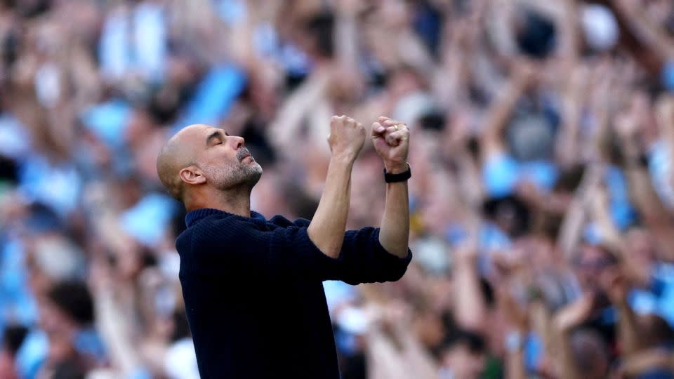 Pep Guardiola celebrates Manchester City's second goal. - Lee Smith/Action Images/Reuters
