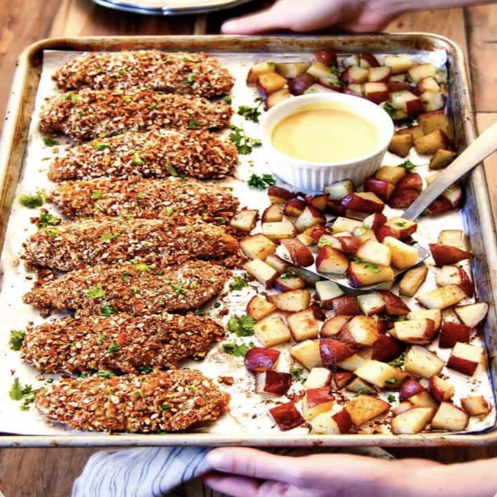 This recipe continues to make my favorites list again and again. I love the pretzel coating that's easily made up in the food processor and I always make sure to double the honey mustard recipe for adequate dipping!Recipe: Sheet Pan Honey Mustard Pretzel Chicken & Potatoes