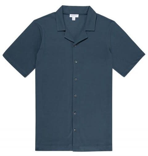 Sunspel Men's Pima Piqué Camp Collar Shirt in Dark Petro - Credit: Sunspel