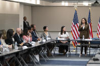 Vice President Kamala Harris meets with Democrats from the Texas state legislature at the American Federation of Teachers, Tuesday, July 13, 2021, in Washington. (AP Photo/Alex Brandon)