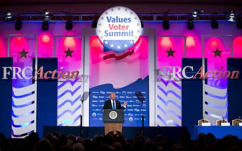 Donald Trump in 2017 shored up Evangelical support by addressing the 2017 Values Voter Summit for social conservative activists - Credit: Al Drago/UPIPHOTOGRAPH BY UPI / Barcroft Images