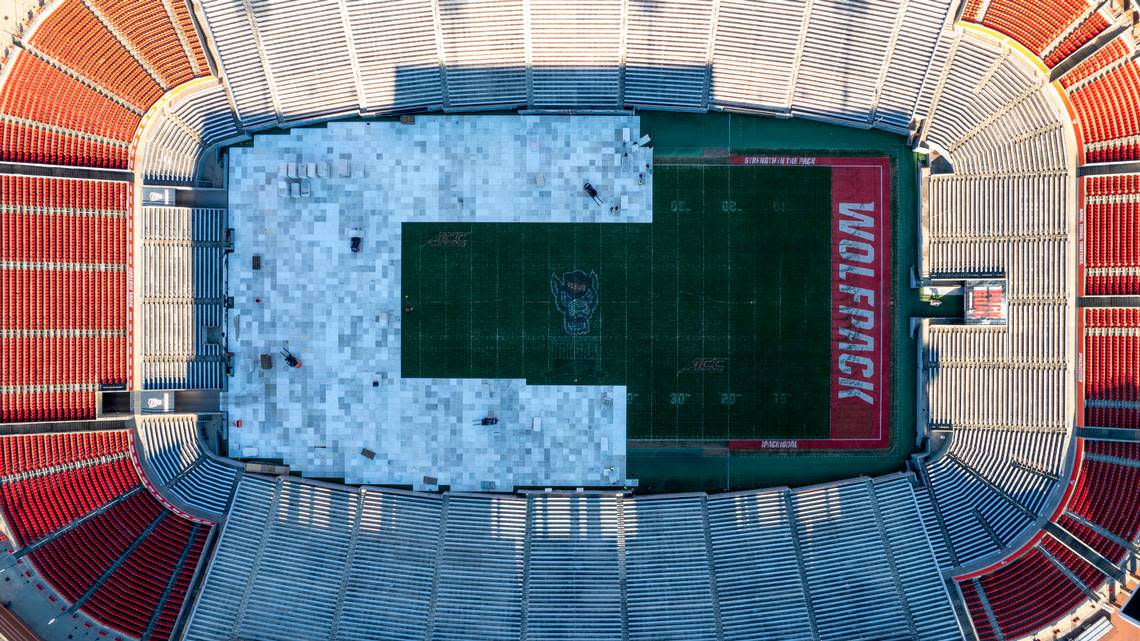 Preparations are underway to convert Carter-Finley Stadium into an NHL hockey rink for a Carolina Hurricanes 2023 Stadium Series Game against the Washington Capitals on Feb. 18.
