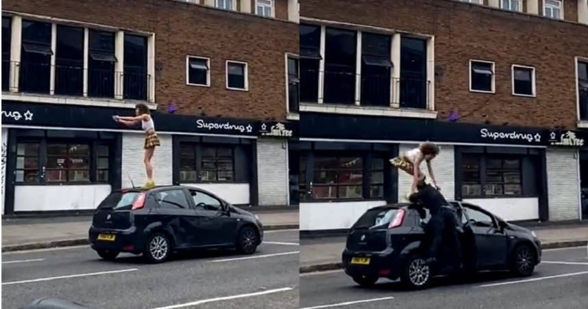 英國倫敦一名女子竟隨機爬上汽車車頂並在上面熱舞。（圖／翻攝推特@AminNumeroUno）