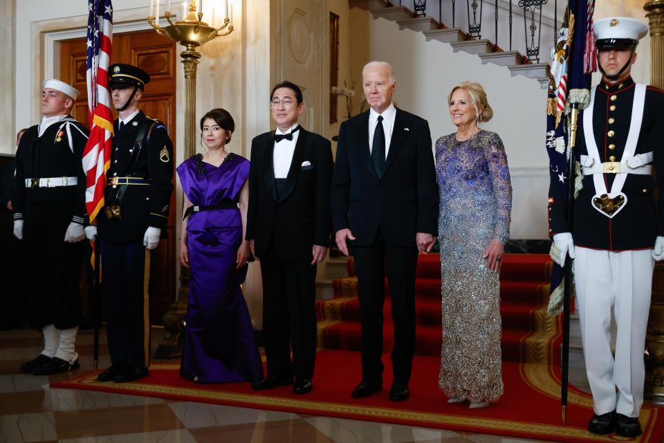 President Joe Biden and first lady Jill Biden welcome Japanese Prime Minister Fumio Kishida and his wife Yuko Kishida to the White House for a state dinner on April 10, 2024 in Washington, DC.