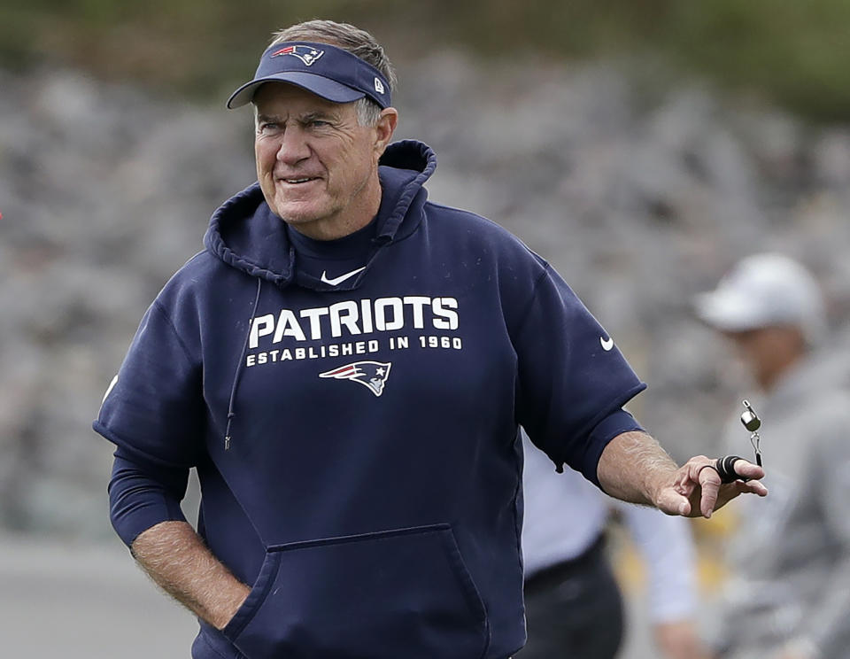 FILE - New England Patriots head coach Bill Belichick twirls his whistle during an NFL football practice, Wednesday, Sept. 18, 2019, in Foxborough, Mass. Six-time NFL champion Bill Belichick has agreed to part ways as the coach of the New England Patriots on Thursday, Jan. 11, 2024, bringing an end to his 24-year tenure as the architect of the most decorated dynasty of the league's Super Bowl era, a person with knowledge of the situation told The Associated Press on the condition of anonymity because it has not yet been announced.(AP Photo/Steven Senne, File)